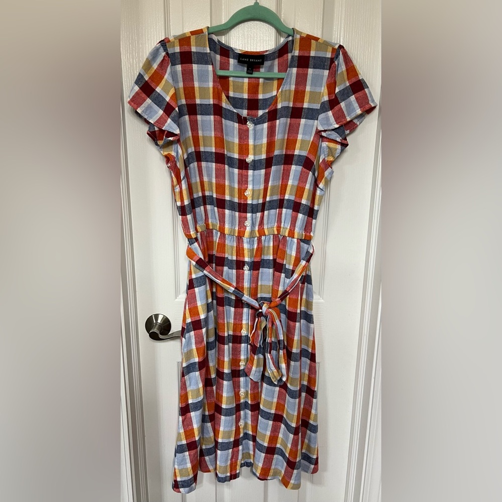 Lane Bryant Linen Blend Plaid Belted Button Up Midi Dress Size 16 EUC